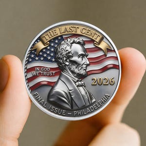 May include: A silver coin featuring Abraham Lincoln with the text "THE LAST CENT" and "FINAL ISSUE - PHILADELPHIA". The coin has a red, white, and blue American flag design and the year 2026.