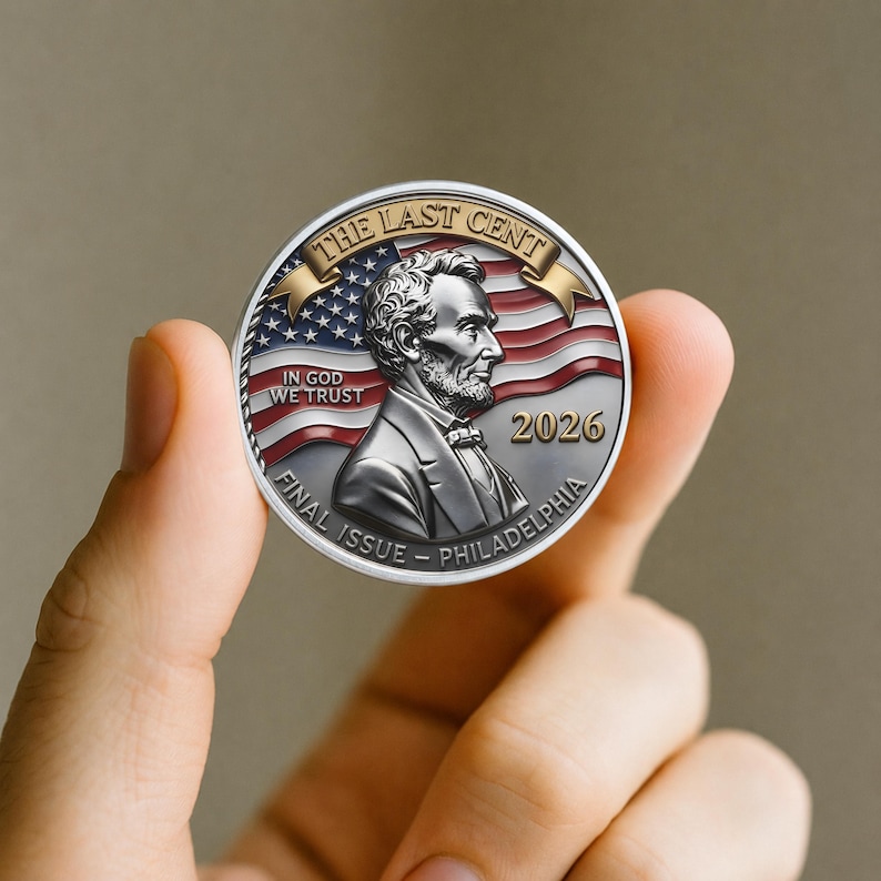 May include: A silver coin featuring Abraham Lincoln with the text "THE LAST CENT" and "FINAL ISSUE - PHILADELPHIA". The coin has a red, white, and blue American flag design and the year 2026.