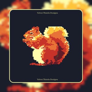 May include: A pixel art illustration of a squirrel in shades of orange, red, and cream against a dark navy background. The text Velvet Thistle Designs appears at the top and bottom of the square frame, which is outlined in a thin yellow border.