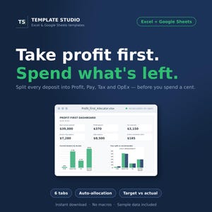 May include: A digital template for Excel and Google Sheets titled Profit First Allocator. The graphic features the text Take profit first. Spend what's left. It displays a dashboard with financial data, bar charts, and labels for Profit, Pay, Tax, and OpEx.