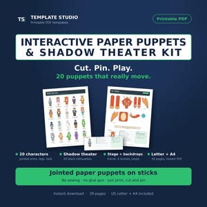 May include: Interactive paper puppets and shadow theater kit featuring 20 characters with jointed arms, legs, and tails. Includes printable PDF templates for a stage, backdrops, and props. Text reads: Cut. Pin. Play. 20 puppets that really move.