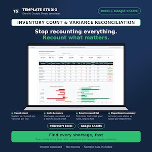 Può includere: Un modello digitale per il conteggio dell'inventario e la riconciliazione delle varianze visualizzato su uno schermo di un portatile. L'interfaccia presenta una tabella di riepilogo per reparto, grafici a barre e colonne di dati per unità e denaro. Il testo include Template Studio, Excel e Google Sheets.