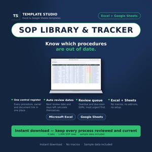May include: A digital SOP Library & Tracker template for Excel and Google Sheets on a dark blue background. It features a laptop screen displaying a spreadsheet, with text highlighting features like auto review dates, a review queue, and central register.