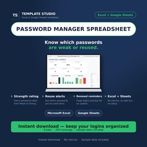 Kalkylblad för lösenordshanterare | Lösenordsspårare i Excel och Google Sheets med instrumentpanel | Digital valvorganisatör