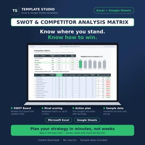 May include: A digital SWOT and competitor analysis matrix template for Excel and Google Sheets. The screen displays a table with weighted scores, rankings, and a bar chart comparing companies. Text includes SWOT & COMPETITOR ANALYSIS MATRIX.