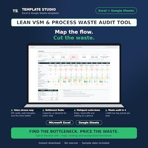May include: A digital Lean VSM and Process Waste Audit tool for Excel and Google Sheets displayed on a laptop screen. The interface features a VSM map, process steps, KPI cards, and data tables. Text includes "Map the flow. Cut the waste."