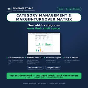 Op de afbeelding: Een digitaal sjabloon voor categoriebeheer en marge-omzetmatrix, compatibel met Excel en Google Sheets. De afbeelding toont een laptopscherm met datagrafieken, een matrix met 4 kwadranten, GMROII per SKU en instellingen voor eigen doelen.