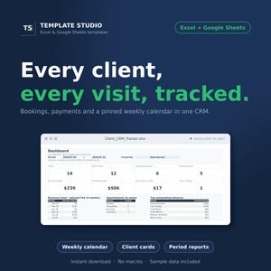 May include: A digital CRM dashboard template for Excel and Google Sheets titled Client_CRM_Tracker.xlsx. The interface displays client metrics, revenue trends, appointment statuses, and outstanding balances. Text includes Template Studio and Every client, every visit, tracked.