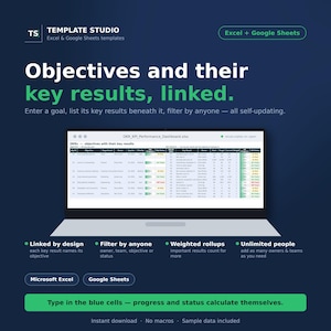 May include: A digital template for Excel and Google Sheets titled Objectives and their key results, linked. The graphic displays a laptop screen showing an OKR performance dashboard with columns for objectives, key results, and status indicators.