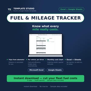 Könnte beinhalten: Eine digitale Kraftstoff- und Kilometer-Tracker-Vorlage für Excel und Google Sheets. Die Grafik zeigt einen Laptop-Bildschirm mit einem Dashboard, Datentabellen und Diagrammen. Der Text umfasst Template Studio, Know what every mile really costs sowie Funktionen wie Fahrten vom Kilometerzähler, pro Fahrzeug, pro Fahrer und monatliche Kostendiagramme. Das Design verwendet einen dunkelblauen Hintergrund mit weißen und grünen Textelementen.