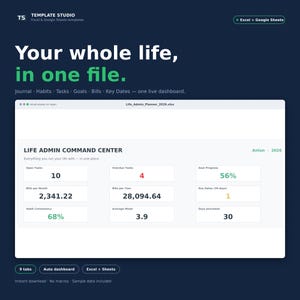 Life Admin Planner Excel Template | Daily Journal, Habit Tracker, Task & Goal Manager, Bill Tracker