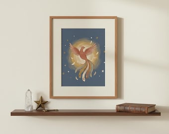 Phoenix Kinderzimmer Wandkunst, mystischer Feuervogel Druck, Mond und Sterne Kinderzimmer Dekor, wunderliches mythisches Poster, digitaler Download