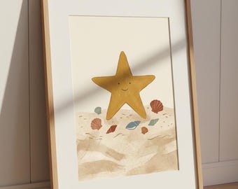 Lächelnder Seestern Druck, Küsten Kinderzimmer Wandkunst, Strand Muschel Poster, Ozean Kinderzimmer Dekor, digitaler Download