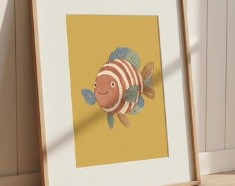Lächelnd gestreiften Fisch Druck, wunderliche Ozean Kinderzimmer Wandkunst, Vintage Küsten Kinder Zimmer Dekor, digitaler Download druckbare