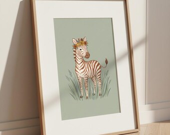 Boho Zebratryck, Blommig Krona Safari Barnrumsväggkonst, Akvarell Djungeldjur, Barnrumsdekor, Digital Nedladdning Utskrivbar