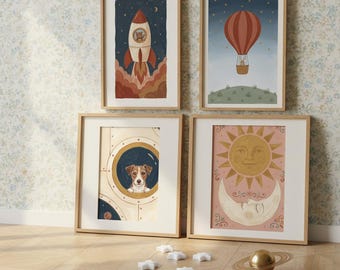 Weltraum Kinderzimmer Wand Kunst Bündel, 25 Drucke, Astronaut Rakete Mondphasen, Jungen Dekor, Vintage Bilderbuch Galaxie, digitaler Download