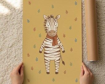Zebra Print with Scarf, Safari Nursery Wall Art, Whimsical Animal Print, Boho Kids Room Decor, Mustard Yellow, Digital Download