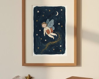 Zahnfee Print, schlafende Fee, Wandkunst, Kinderzimmer Dekoration, zauberhafte Sternennacht, Kinderzimmer Dekor, digitaler Download