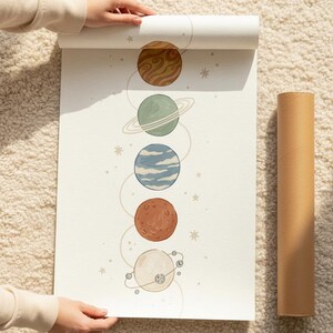 Könnte beinhalten: Eine aufgerollte Poster mit einer farbenfrohen Illustration von Planeten in einem Sonnensystem. Die Planeten sind in Braun-, Grün-, Blau- und Orangetönen dargestellt, vor einem hellbeigen Hintergrund. Das Poster wird von Händen gehalten, und daneben befindet sich eine braune Pappröhre.