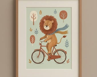 Lion on Bicycle Print, Whimsical Nursery Wall Art, Safari Animal Kids Room Decor, Boho Boys Room Poster, Digital Download