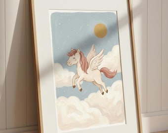 Pegasus Print, Aquarell fliegendes Pferd Wandkunst, wunderliche Kinderzimmer Dekor, Mädchen Zimmer mythischen Poster, digitaler Download druckbare