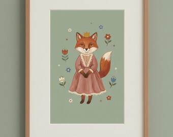 Prinzessin Fuchs Druck, wunderlicher Fuchs im rosa Kleid mit Krone, Cottagecore Kinderzimmer Wandkunst, Folk Blumen Mädchenzimmer, digitaler Download
