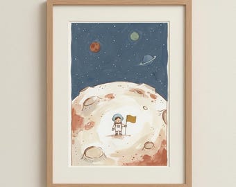 Astronaut på månen-tryck, rymd- och barnrumsväggkonst, planetutforskare-affisch för pojkar, akvarell barndekor, digital nedladdning