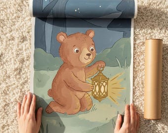 Bär mit Laterne Print, Wald Kinderzimmer Wandkunst, Märchenbuch Waldbär, Jungen Zimmer Dekor, wunderliche digitaler Download