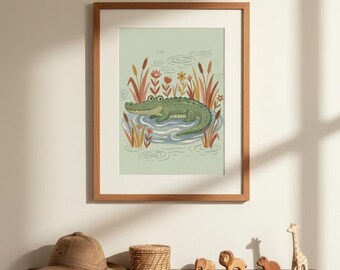 Smiling Crocodile Print, Whimsical Pond Nursery Wall Art, Safari Animal Kids Room Decor, Boho Watercolor, Digital Download