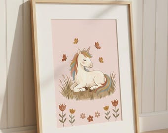 Einhorn Fohlen Druck, Pastell Kinderzimmer Wandkunst, Mädchenzimmer Regenbogen Mähne Einhorn Poster, Boho Kinder Dekor, digitaler Download