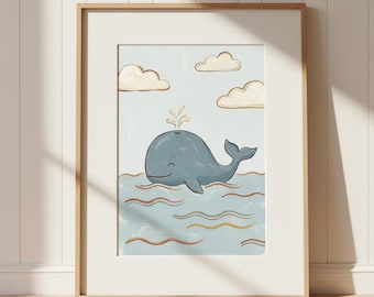 Wal-Druck, Aquarell Wal Kinderzimmer Wandkunst, Küsten Baby Boy Zimmer Dekor, Ozean Kinder druckbare, digitaler Download