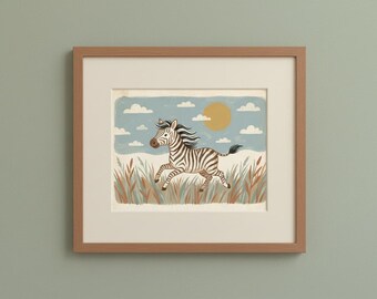 Galopperande zebratryck, Safari-barnrumsväggkonst, nyckfull savanndjurposter, barnrumsdekor, digital nedladdning