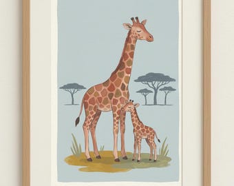 Mamma och giraffunge-tryck, safari-barnrumsväggkonst, akvarell djungeldjursaffisch, barnrumsdekor, digital nedladdning