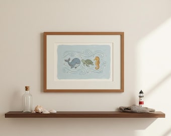 Vintage Meerestiere Poster, Wal Schildkröte, Seepferdchen Poster