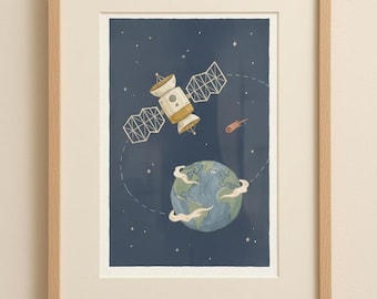 Satellit- och jordtryck, väggkonst för barnrum med rymdmotiv, dekoration för pojkrum, nyckfull rymdposter, digital nedladdning, utskrivbar
