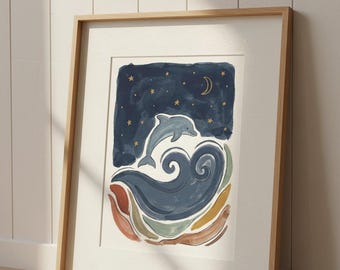 Delfin & Mond Druck, Aquarell Sternennacht Ozean Wandbild, Küsten Kinderzimmer Dekor, Kinderzimmer Meer Poster, digitaler Download
