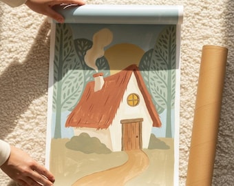 Storybook Cottage Print, Strohdach Märchenhaus Wandkunst, Wald Kinderzimmer Dekor, Cottagecore Kinderzimmer, digitaler Download