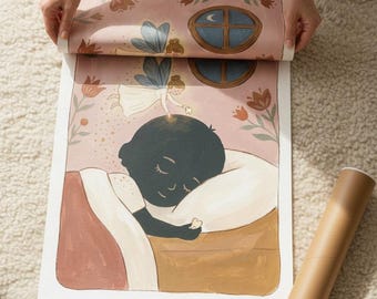 Zahnfee Print, wunderliche Mädchen Kinderzimmer Wandkunst, schlafendes Kind & Fee Illustration, Folk Blumendekor, digitaler Download