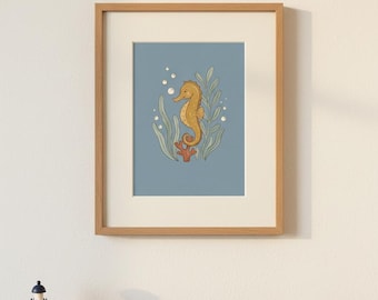 Seepferdchen Kunstdruck, Aquarell Ozean, Kinderzimmer Dekor, Vintage Poster, 70x80cm, Digitaler Download