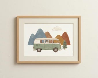 Vintage Camper Van Print with Dog, Watercolor Adventure Nursery Wall Art, Boho Mountain Kids Room Decor, Digital Download