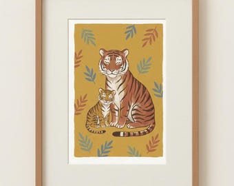 Mamma Tiger och Unge Tryck, Boho Safari Barnrum Väggkonst, Senapsfärgad Djungeldjur Poster, Barnrumsdekor, Digital Nedladdning