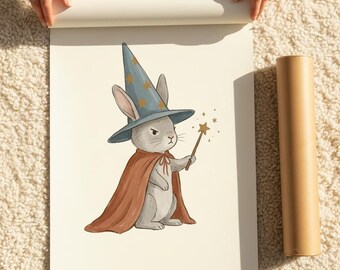 Zauberer-Kaninchen-Druck, wunderliche Hase Wandkunst, magische Kinderzimmer Dekor, Märchenbuch Kinderzimmer Poster, digitaler Download druckbare