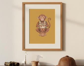 Apa som spelar djembetrumma, väggkonst för safaribarnrum, boho tribal barnrumsdekor, nyckfullt djurutskrivbart, digital nedladdning