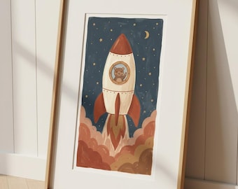 Björn Astronaut Raket Tryck, Rymd Barnrum Väggkonst, Pojkrumsinredning, Nyckfull Barnaffisch, Digital Nedladdning Utskrivbar