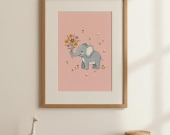 Baby Elephant with Wildflower Bouquet Print, Pink Nursery Wall Art, Girls Room Decor, Boho Safari Animal, Digital Download