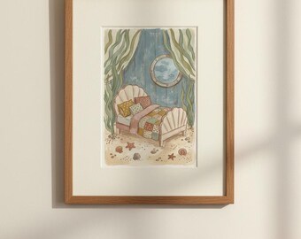Meerjungfrau Muschel Bett Druck, Unter dem Meer Kinderzimmer Wandkunst, Wunderliche Mädchenzimmer Dekor, Küsten Schlafzimmer Poster, Digitaler Download