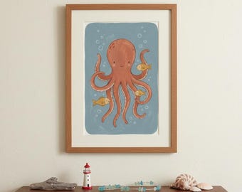 Oktopus & Fisch Print, Aquarell Ozean Kinderzimmer Wandkunst, unter dem Meer Kinderzimmer Dekor, digitaler Download druckbare