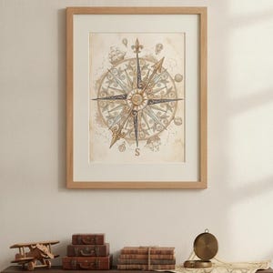 May include: A framed wall art print featuring a detailed vintage-style compass rose illustration with intricate scrollwork, a central star design, and subtle nautical motifs including a ship and hot air balloons on a parchment-colored background.
