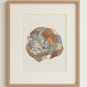 Sleeping Wolf Pup Print, Woodland Nursery Wall Art, Patchwork Quilt Baby Animal, Cozy Forest Kids Room Decor, Digital Download