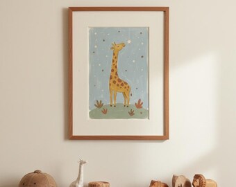 Giraffe Reaching for Stars Print, Whimsical Safari Nursery Wall Art, Starry Sky Baby Animal Poster, Digital Download